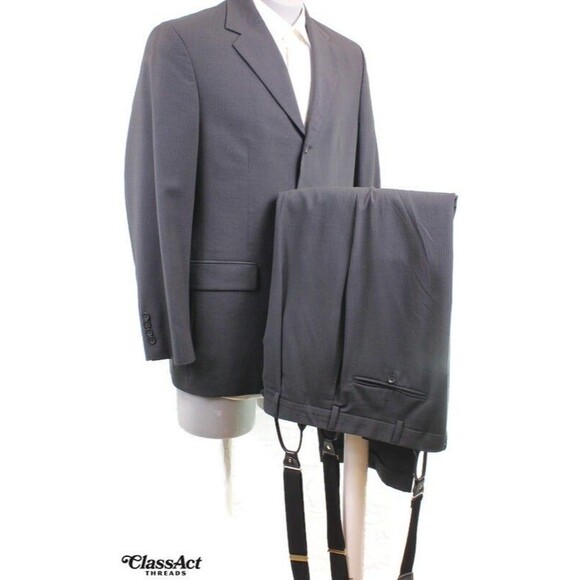 Slates 2 Piece Suit Mens wool Black Striped w/suspenders 40R Pleated 34" W - Picture 1 of 11